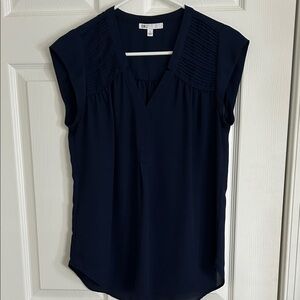 DR2 Navy V-Neck Blouse with Pleated Shoulders